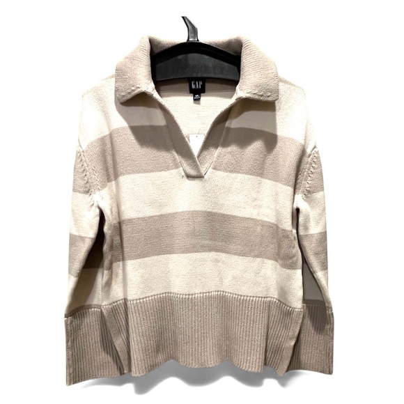 GAP 24/7 Split Hem Knit Polo Sweater Size XS Cream Rugby Stripe NEW - Picture 6 of 6